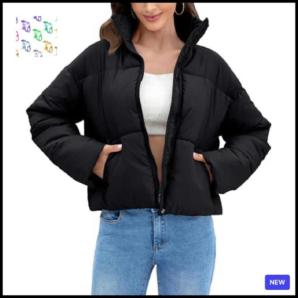 Cropped Quilted Puffer Jacket Winter Outerwear Full Zipper Padded Slim Fit Chic - Picture 2 of 8